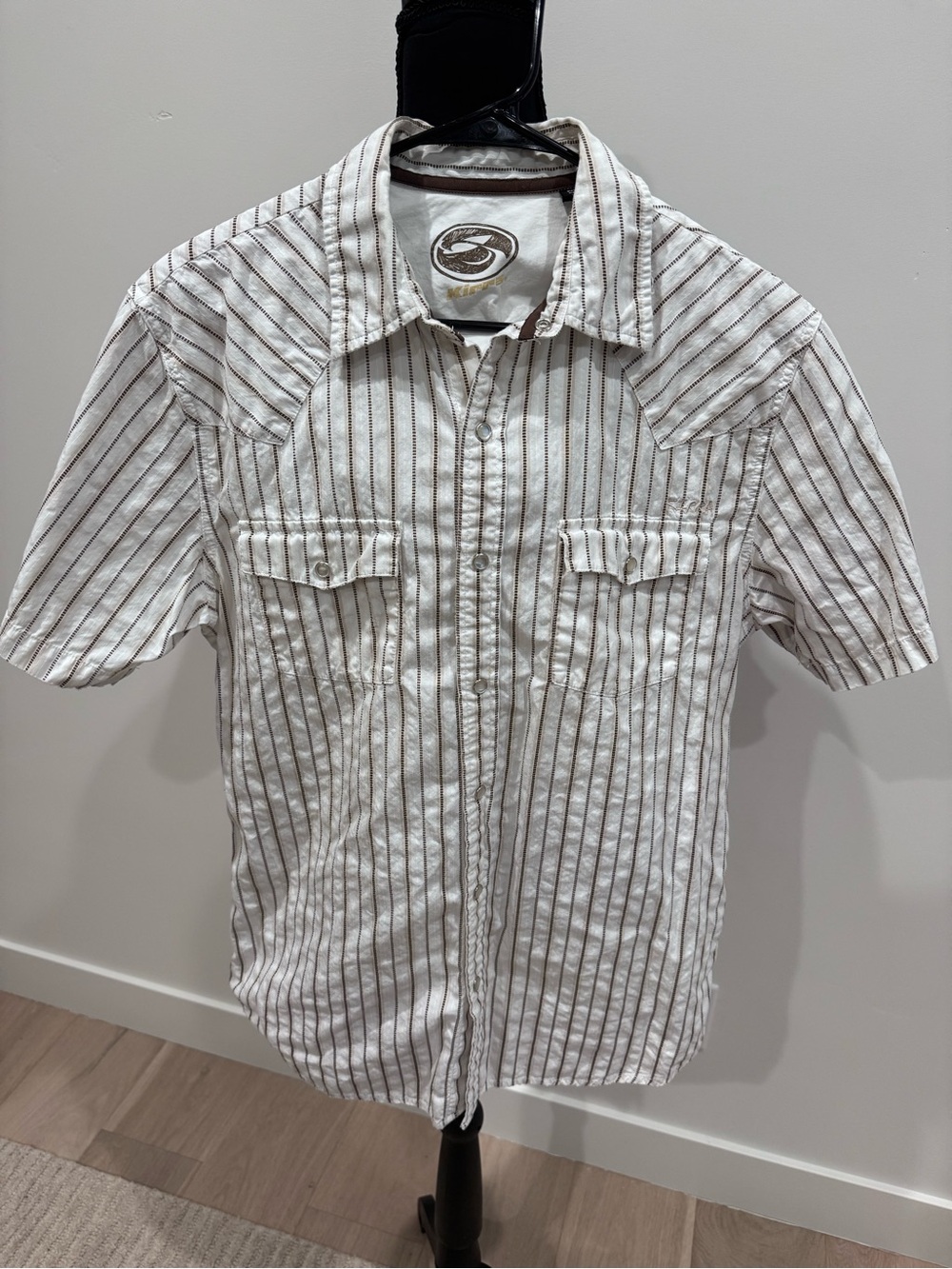 Ripcurl White Short-Sleeve Button-Up with Brown Stripes